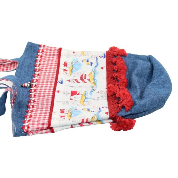 Handcrafted Handsewn Lighthouse Plaid Denim Embellished Lined Shoulder Purse Bag - Picture 10 of 16